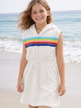 GAP Kids Terry Cloth Hooded Cover Up Dress Ivory Rainbow Stripe Girls L 10 Beach